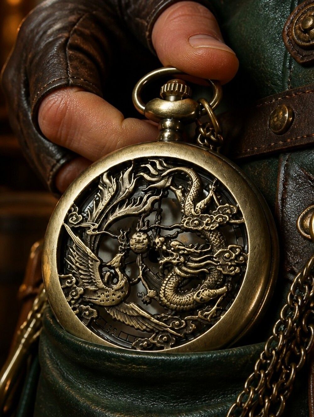 Dragon Phoenix Pocket Watch Necklace Bronze Fantasy Quartz Steampunk D&D Gift